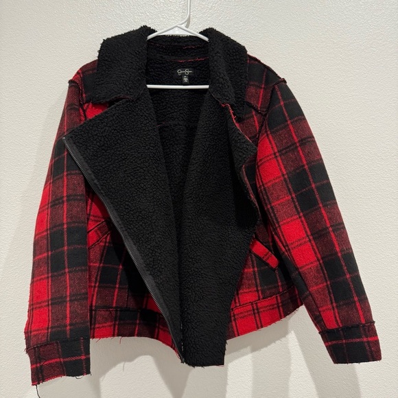 Jessica Simpson Plaid Buffalo Check Jacket Sz 2X Fleetwood Sherpa Moto Red Black - Picture 12 of 14